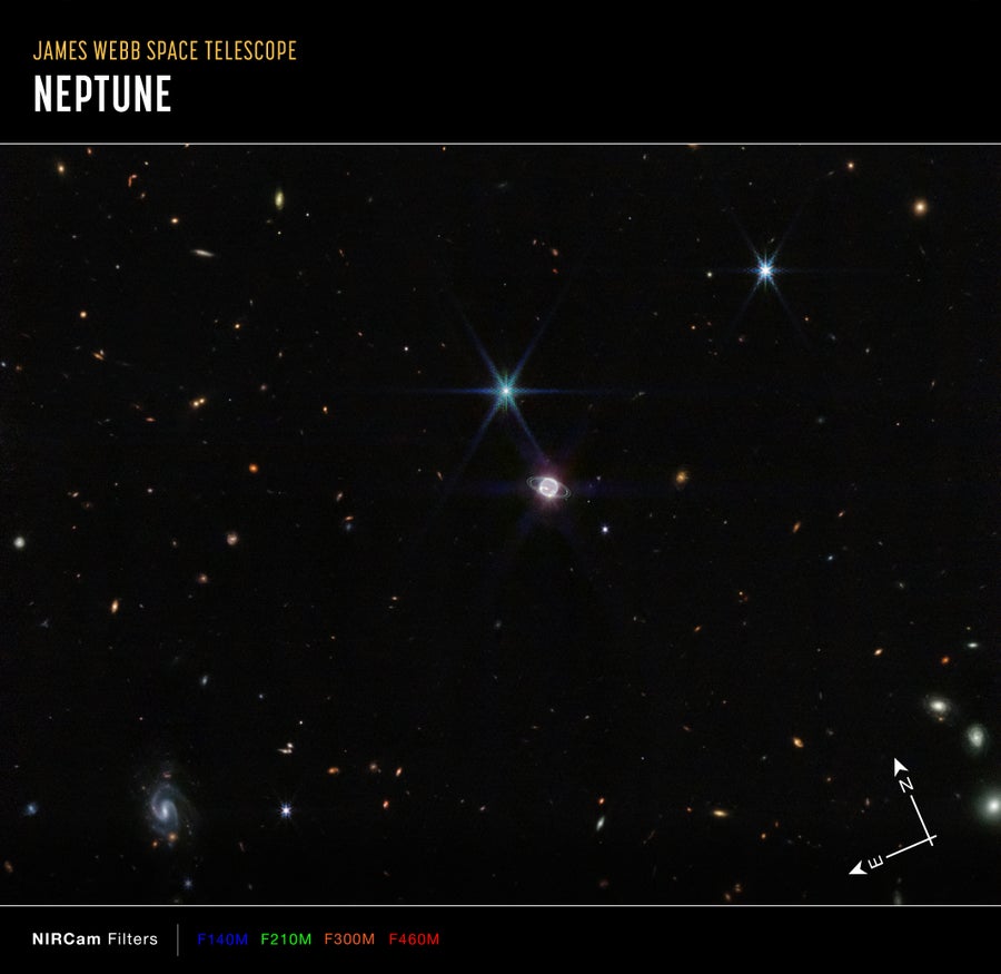 Hundreds of galaxies, varying in size and shape, appear alongside the Neptune system. 