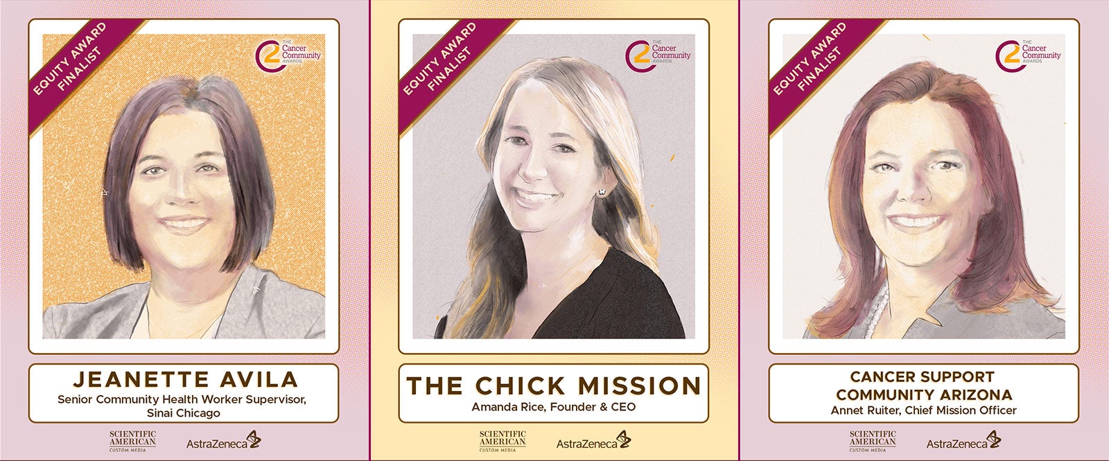 Illustrated portraits of Jeanette Avila, Amanda Rice and Annet Ruiter.