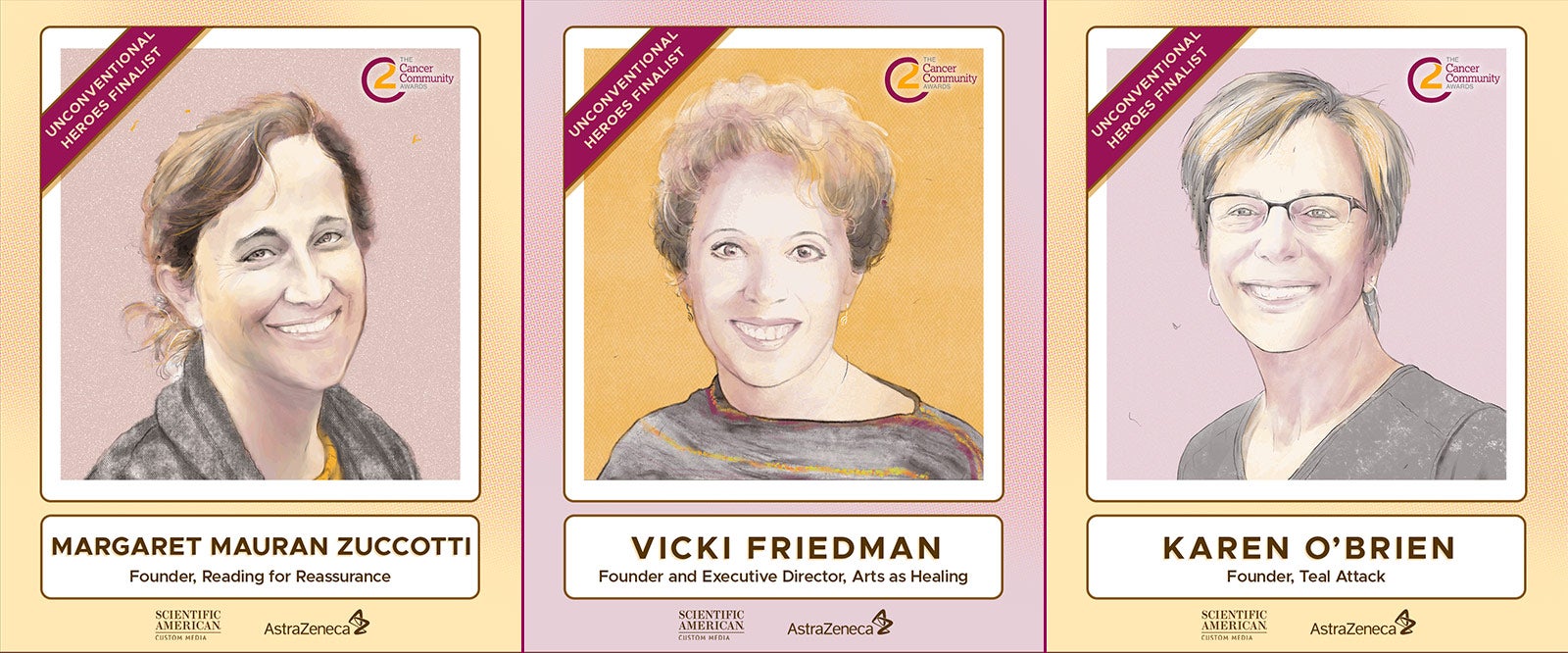 Illustrated portraits of Margaret Mauran Zuccotti, Vicki Friedman and Karen O'Brien.