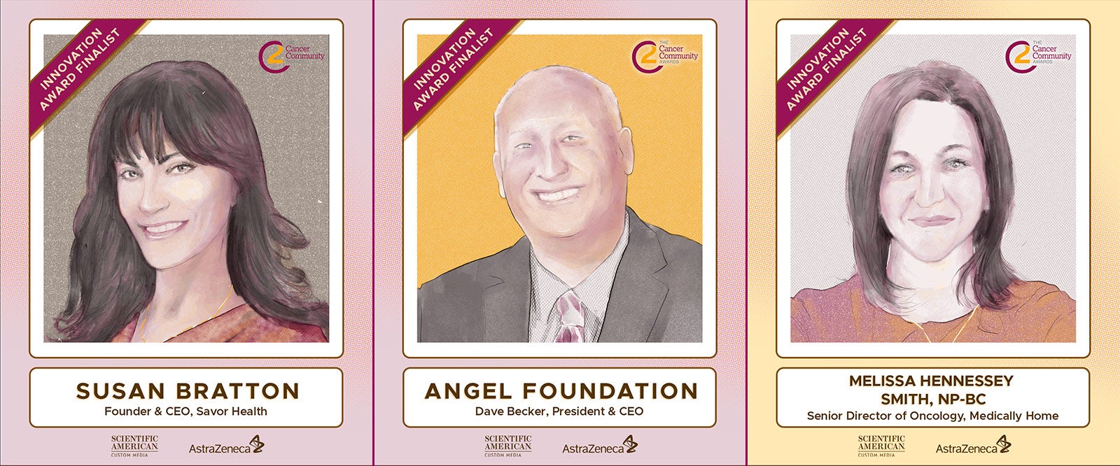 Illustrated portraits of Susan Bratton, Dave Becker and Melissa Hennessey.