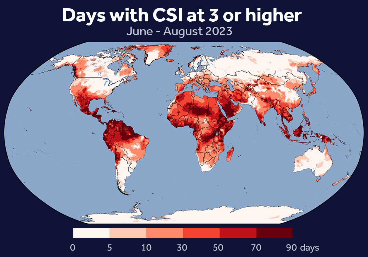 Graphic showing Total count of days from June 1–August 31, 2023 with average temperature Climate Shift Index level 3 or higher. 