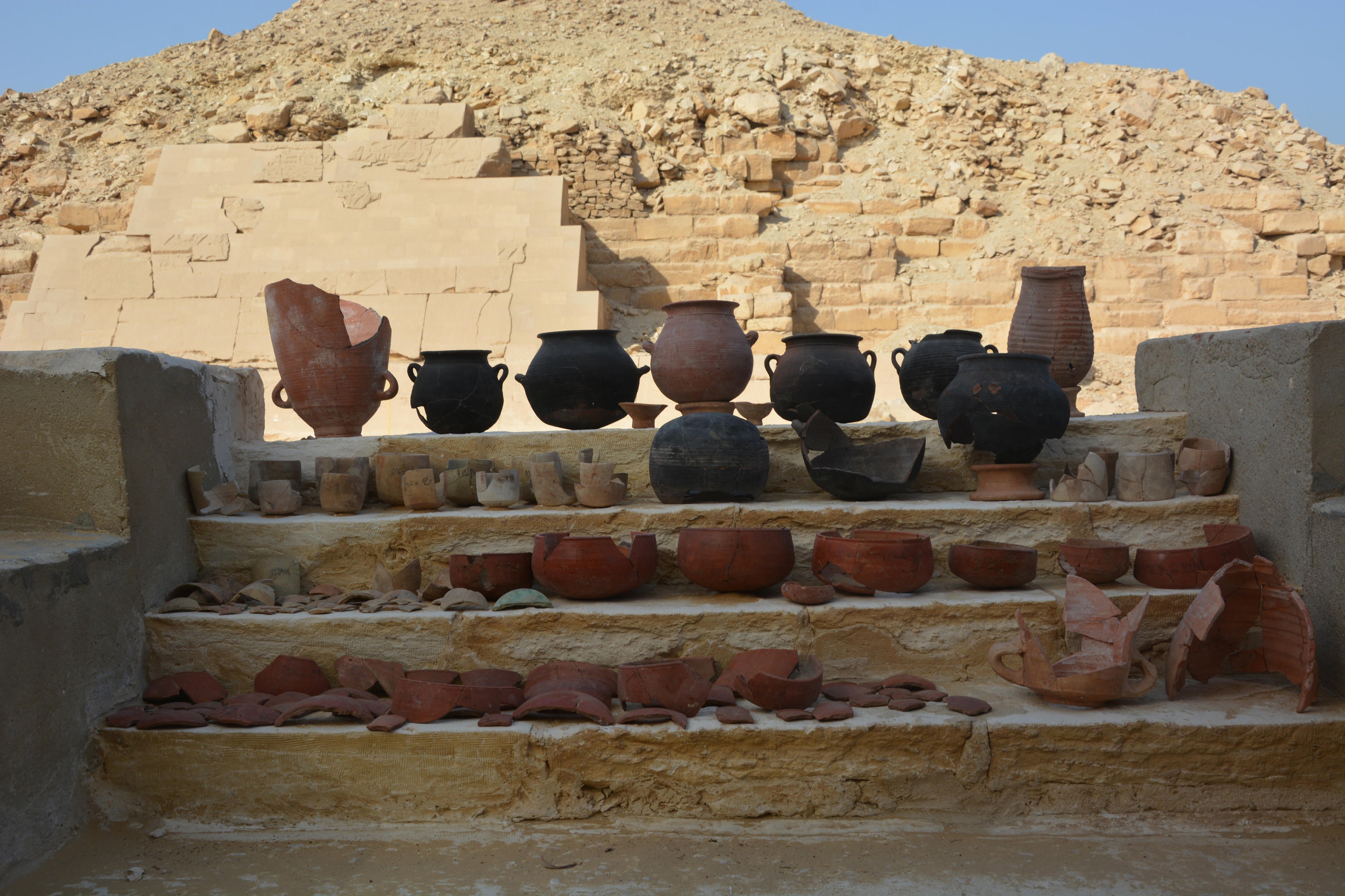 Vessels from the embalming workshop display a variety of colours and shapes. 