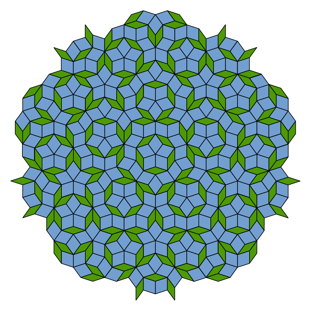 Green and blue rhombi form an elegant, starry mosaic.