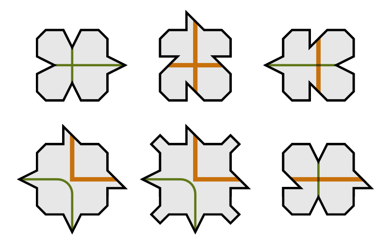 Six pointy tile shapes with green and orange lines running through their centers.