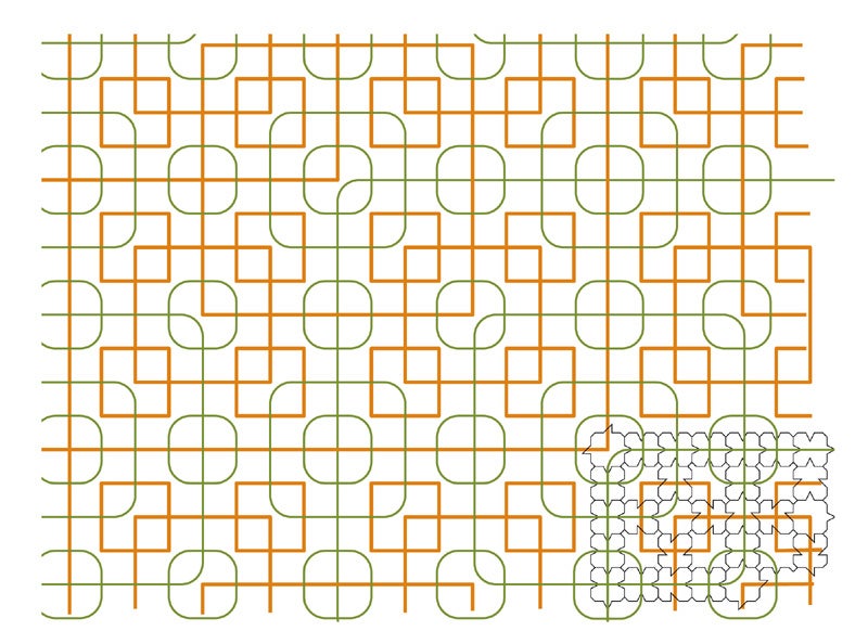 A mosaic of interlocking green and orange squares.