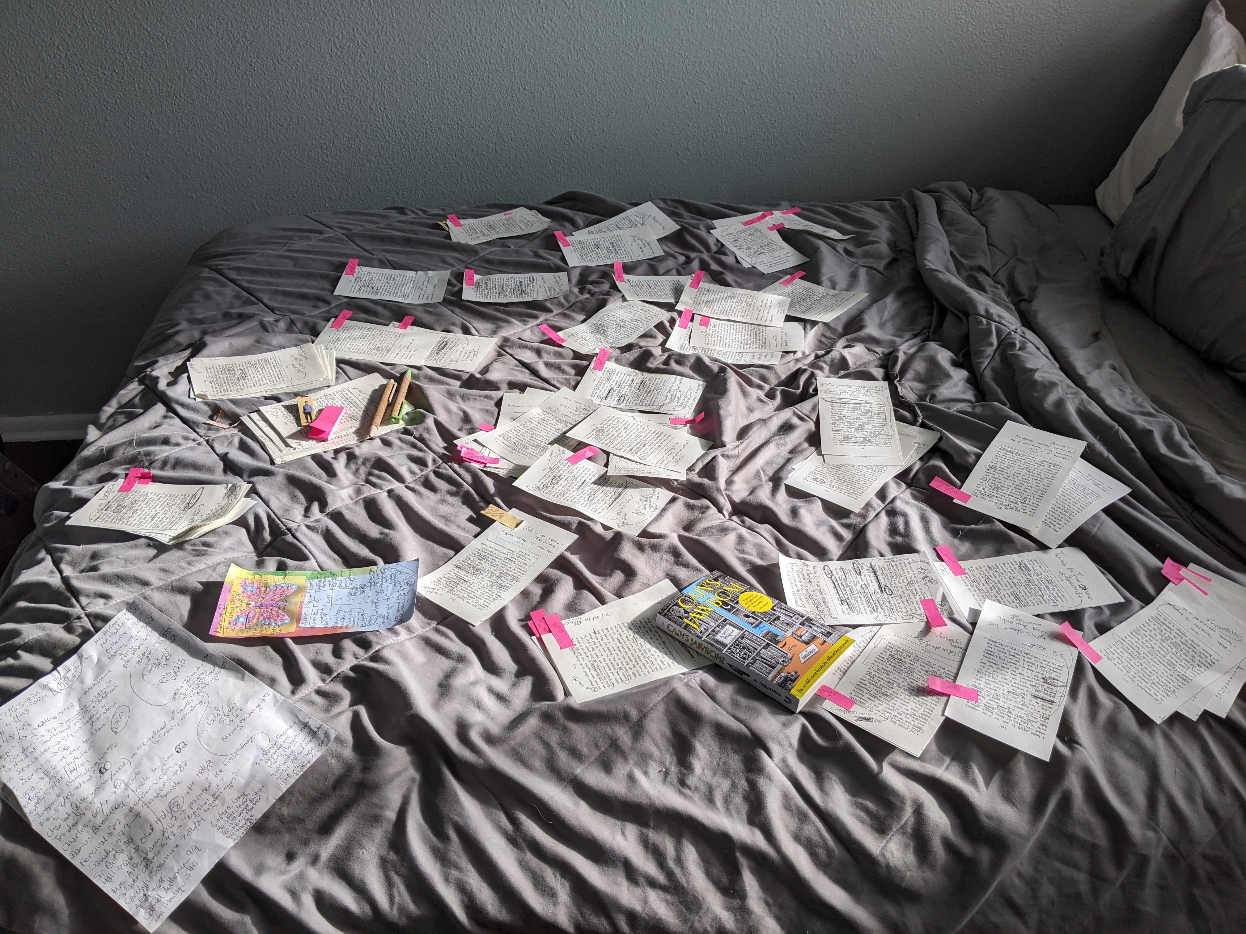 Papers, books and notes laid out on a bed.