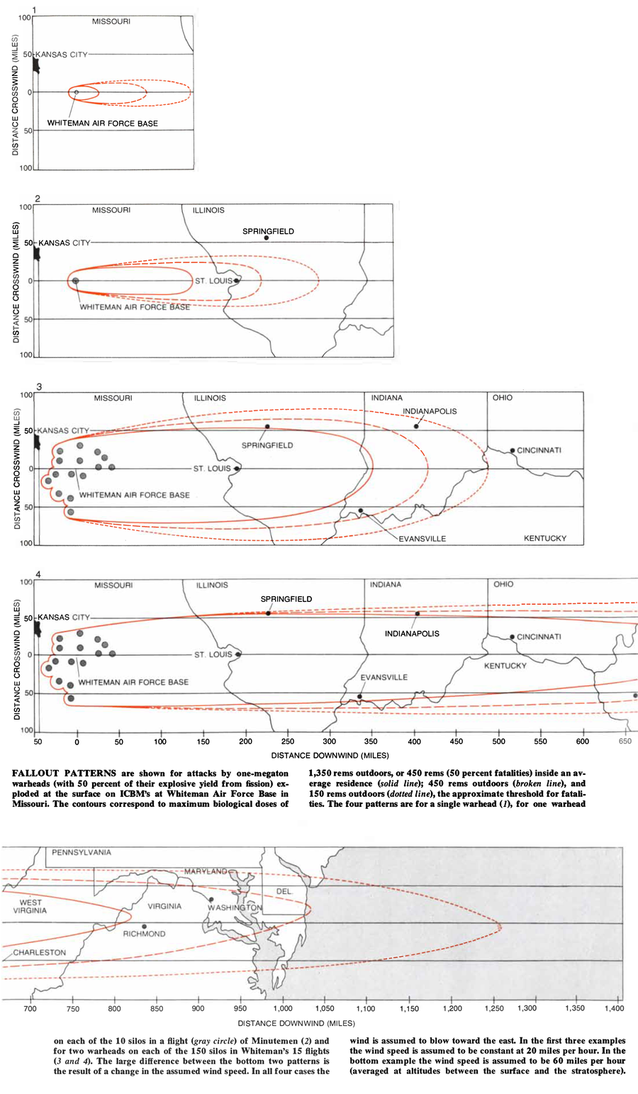 A series of maps show fallout patterns for attacks by one-megaton warheads exploded at the surface on ICBM's at Whiteman Air Force Base in Missouri. Scenarios vary based on wind speed.