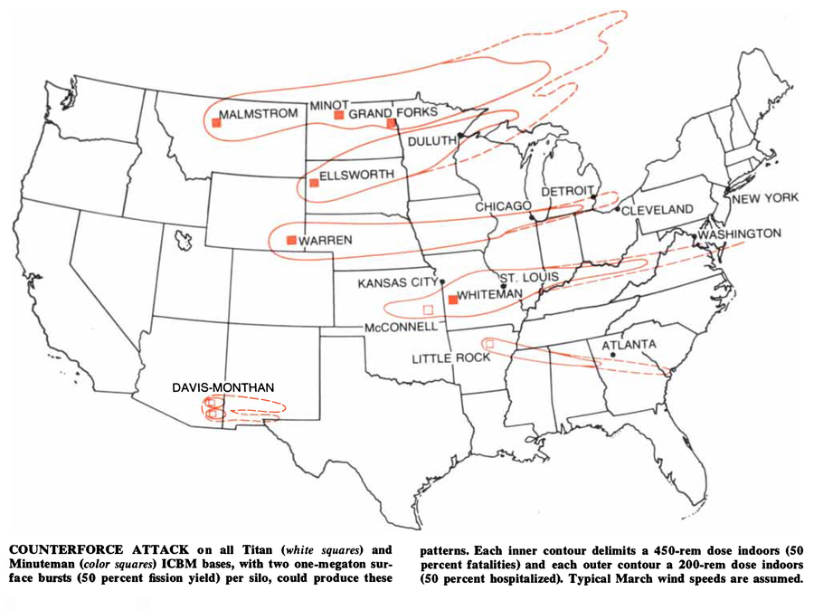 U.S. map shows modelled fallout patterns caused by counterforce attacks on Titan and Minuteman ICBM bases. Typical March wind speeds are assumed.