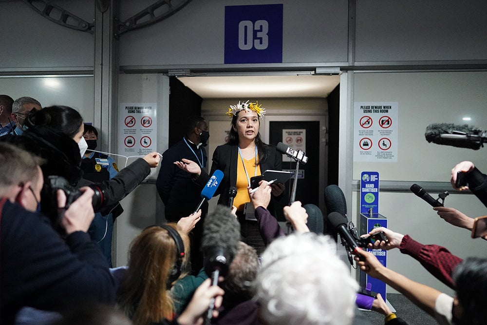 Tina Stege speaks to the press
