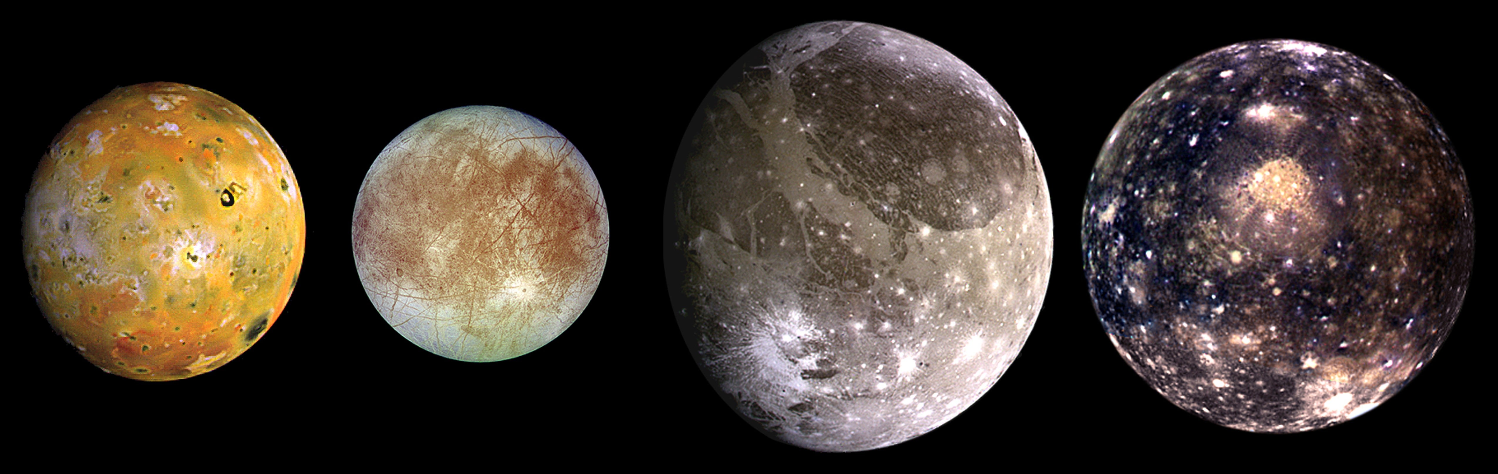 A composite image showing the four largest moons of Jupiter in order of increasing distance from the gas giant planet. From left to right: Io is closest, followed by Europa, then Ganymede and finally Callisto.