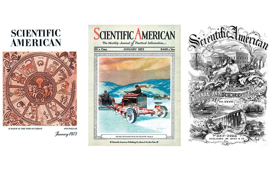 Old Scientific American covers from 1973, 1923 and 1873.