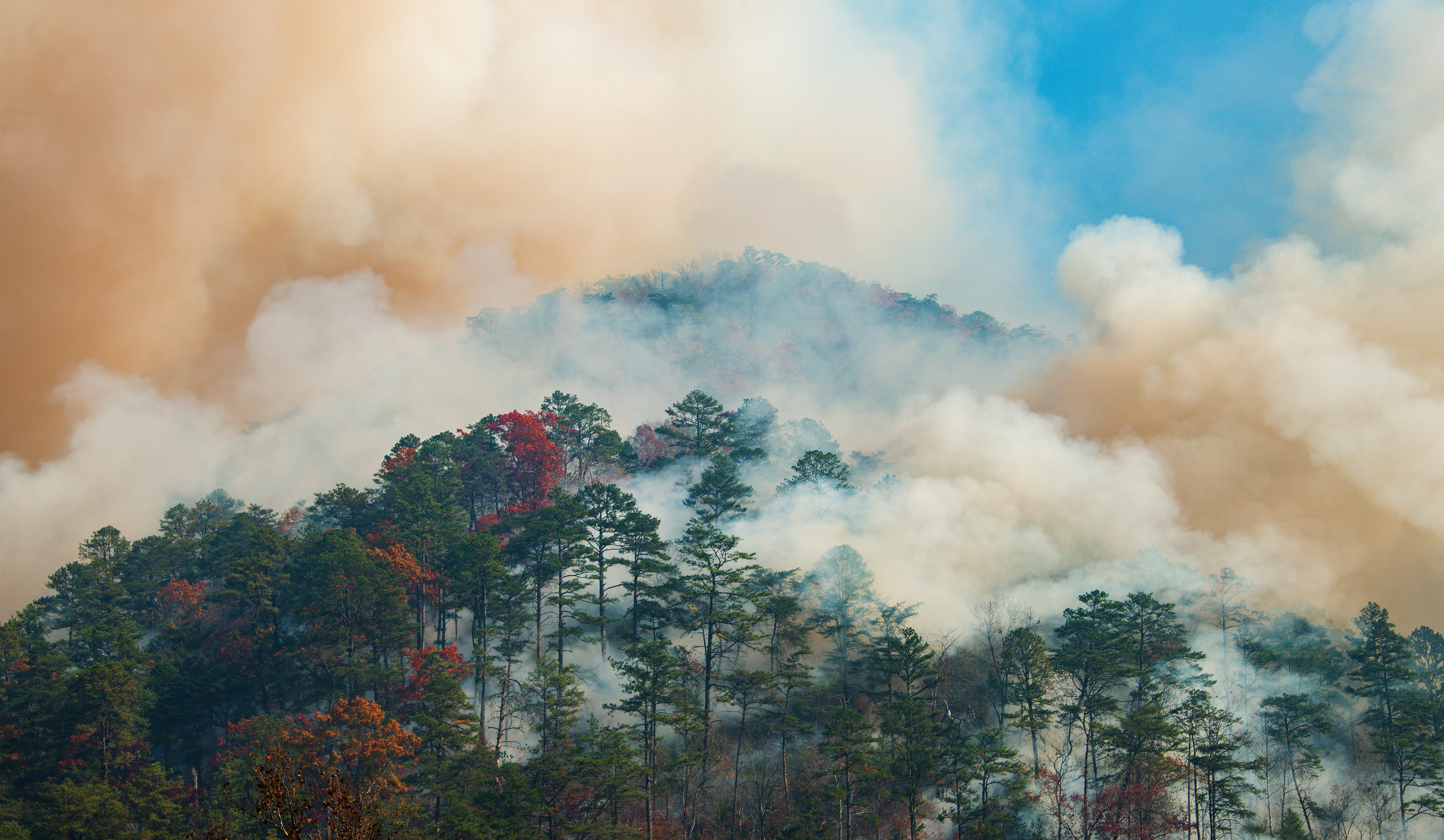 Smoke filling the air from wildfires in the Great Smoky Mountains in Tennessee
