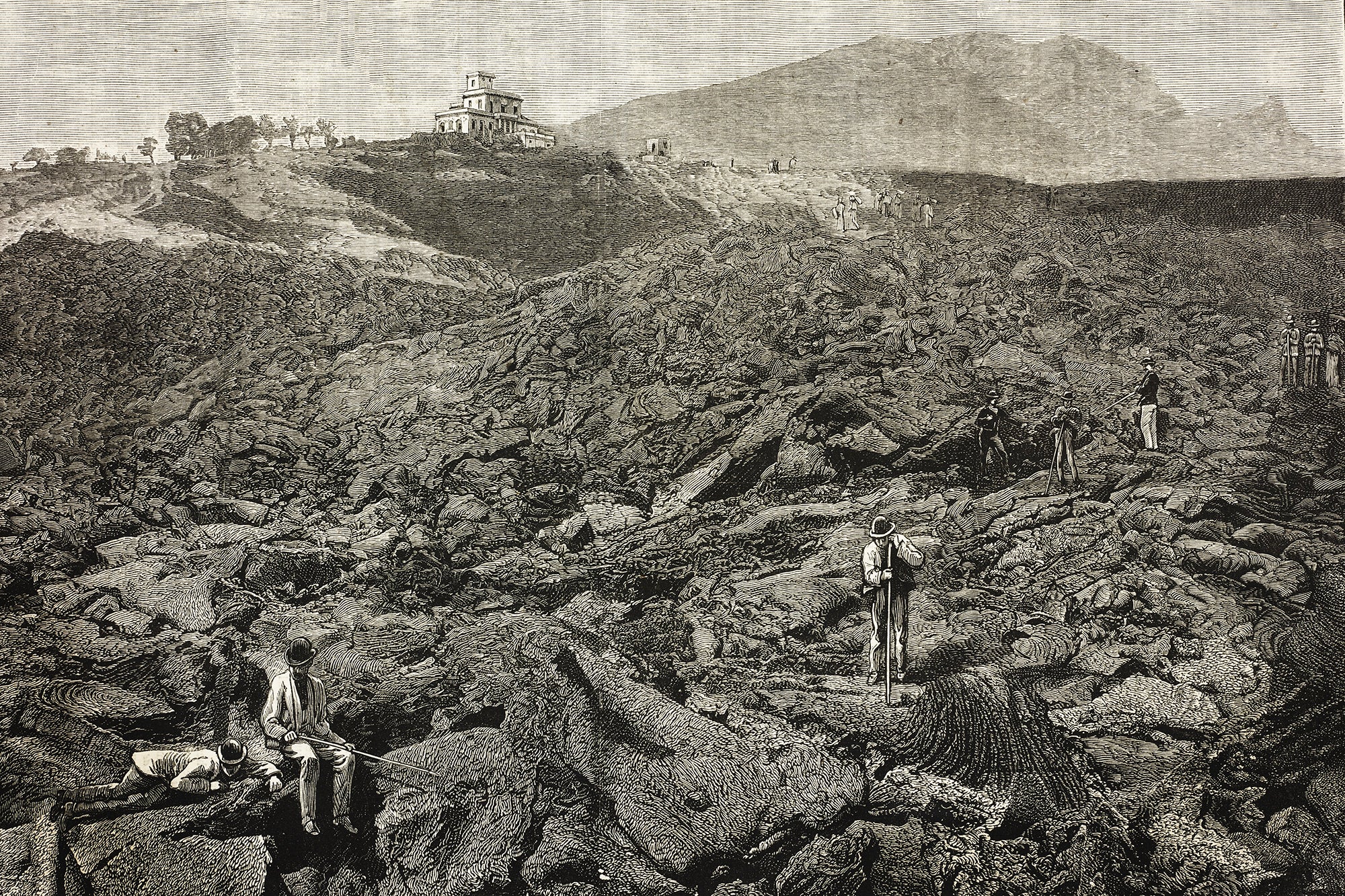 Illustration showing landscape and building described as Luigi Palmieri’s observatory.