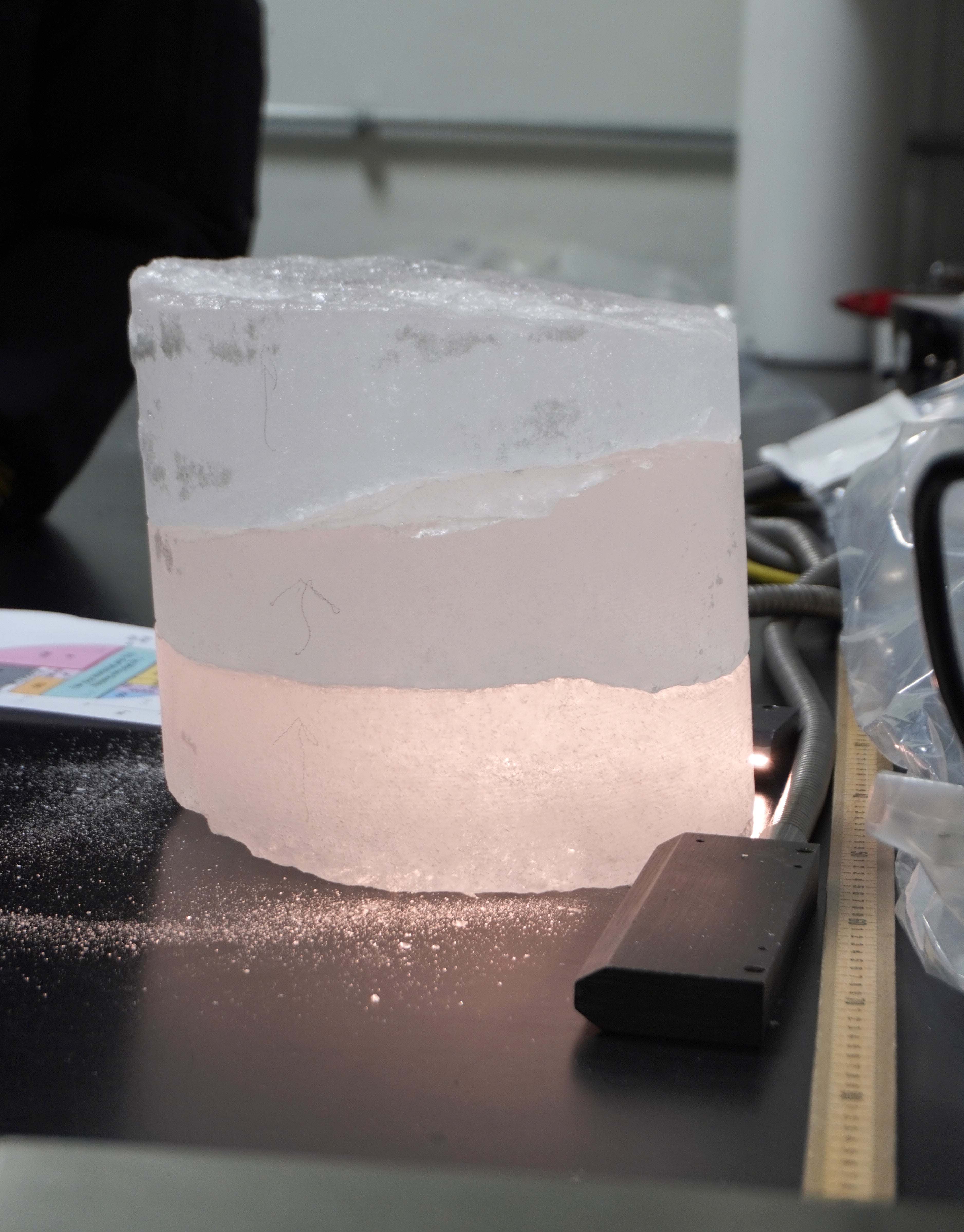 Cut section of very old ice from Allan Hills, at the NSF Ice Core Facility in Denver.