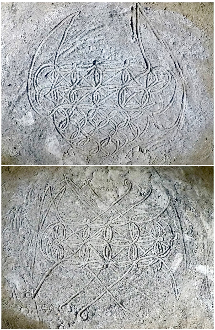 Two images of sand drawings