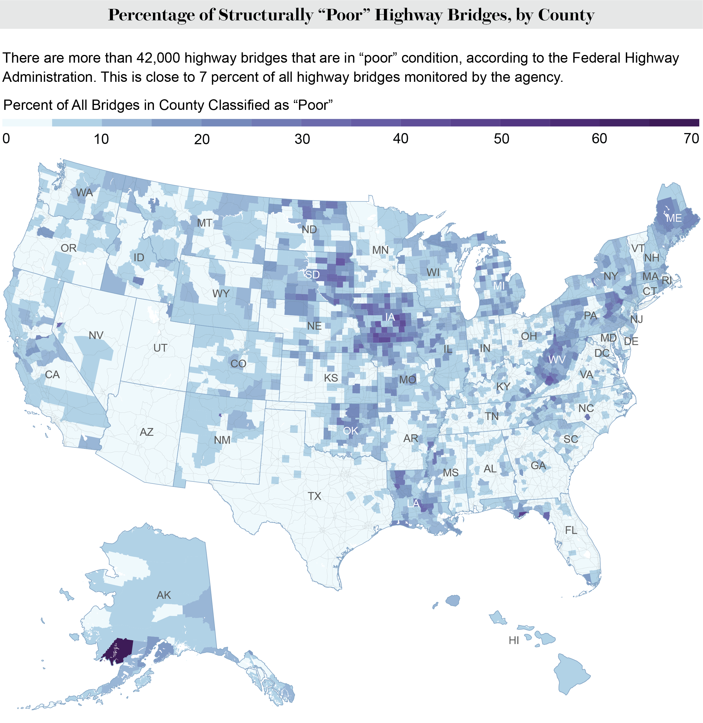 A county map of the U.S. shows the share of “poor” highway bridges in each county.