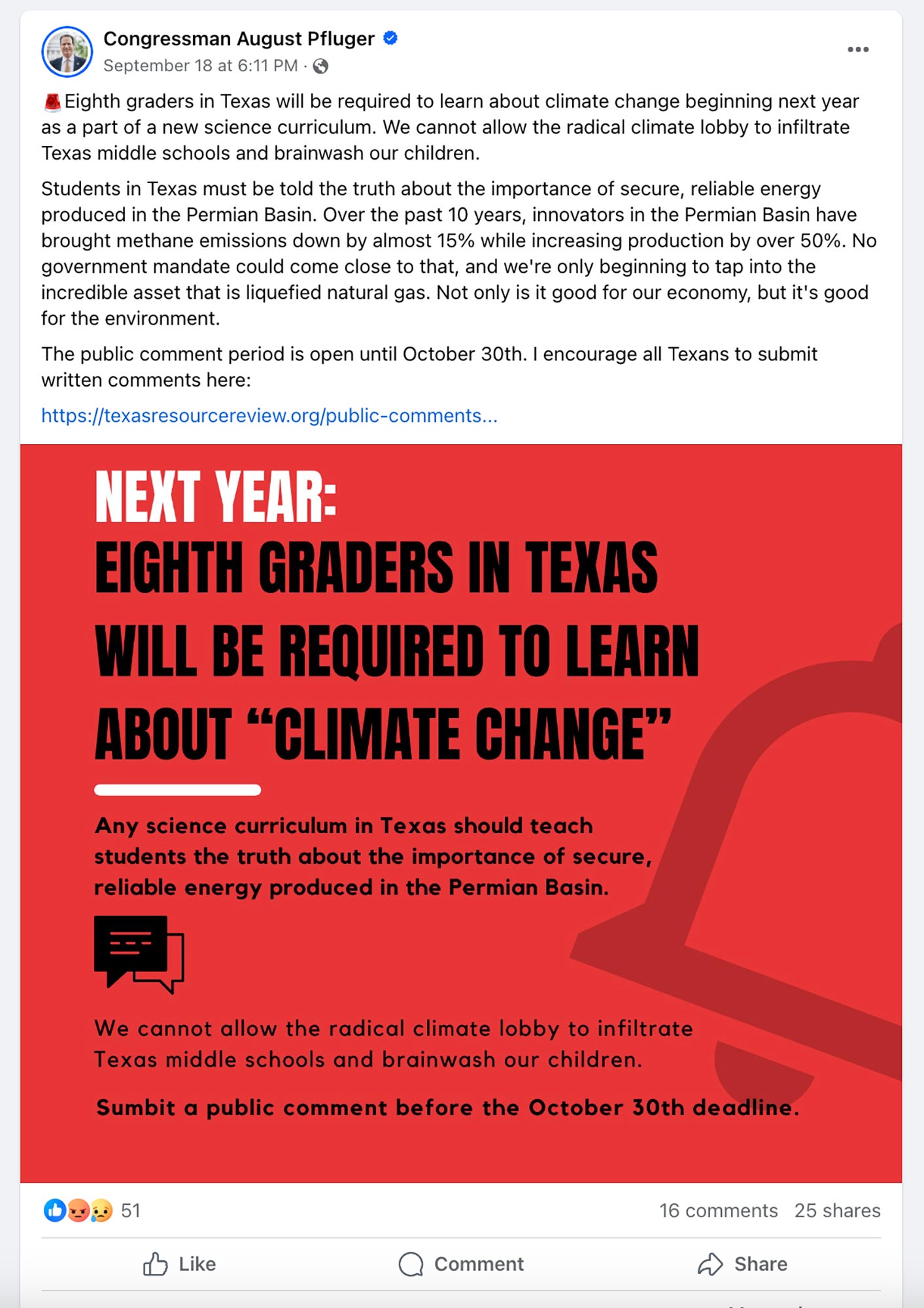 Screen capture of Facebook post by Congressman August Pfluger. The post announces Eighth graders in Texas will be required to learn about climate change beginning next year and continues on to protest this change.