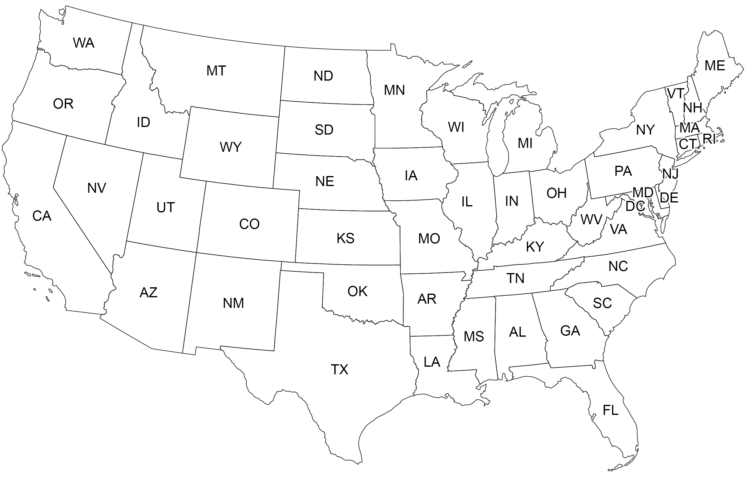 A map of the U.S. with state borders.