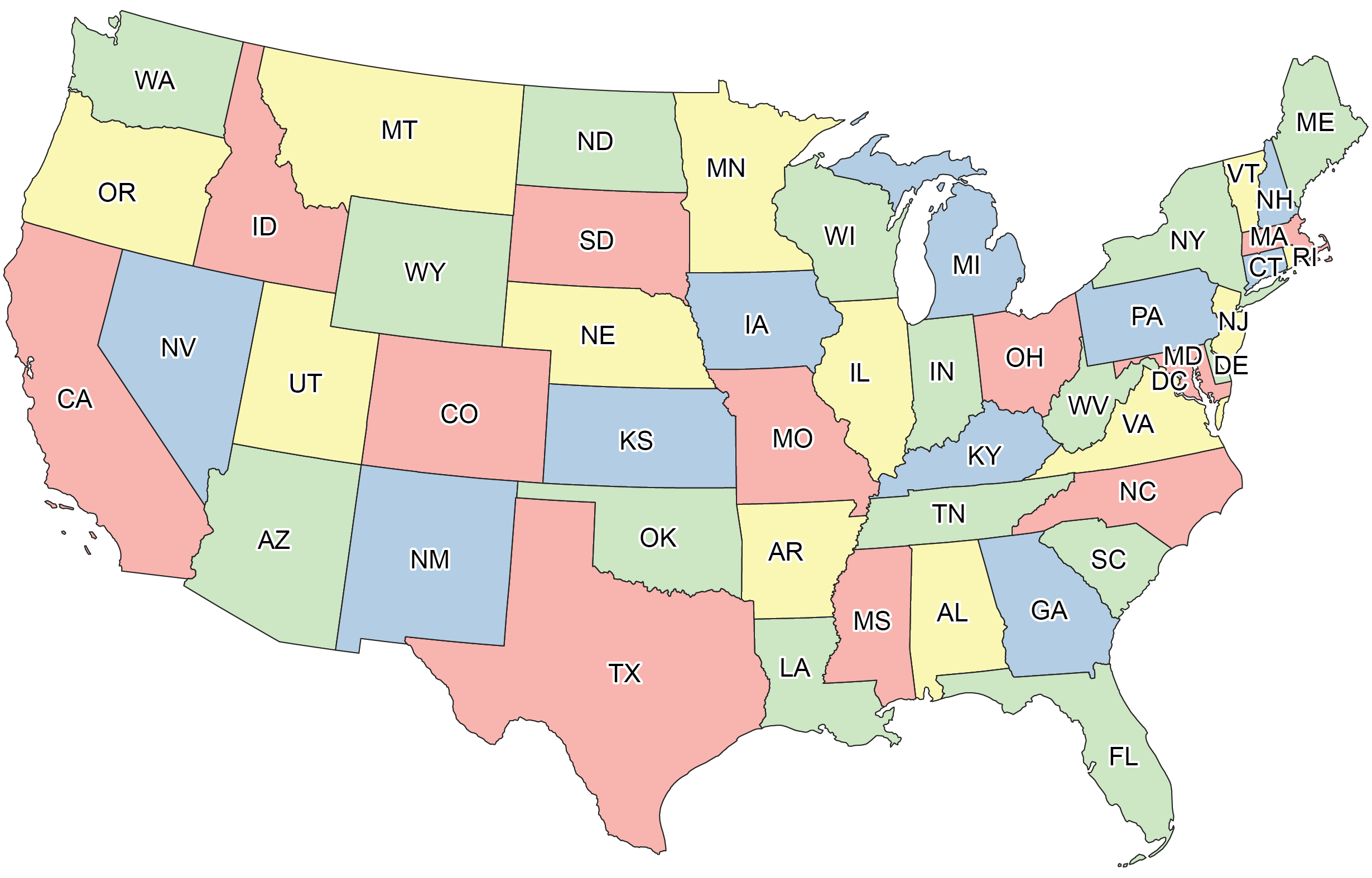 A map of the U.S. with states in yellow, green, red and blue. The states that share a border are in different colors.