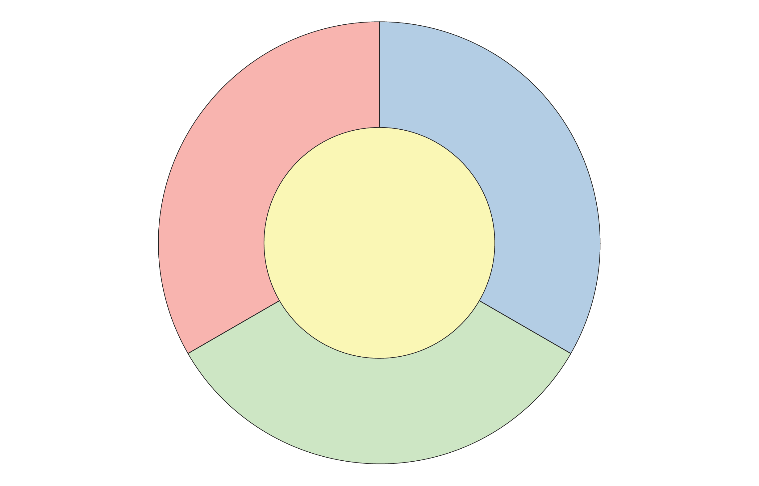 A diagram of a yellow circle wrapped by a ring divided into three sections. Each section of the ring is colored in red, blue or green.