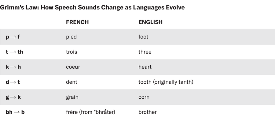 Grimm’s Law describes the regularity of how sounds change in languages. The chart shows how some sounds from proto-Indo-European shifted in Germanic languages, such as English, while remaining the same in non-Germanic languages, such as French. 