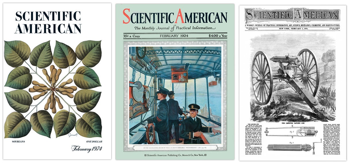 Covers of Scientific American from February 1974, 1924 and 1874.