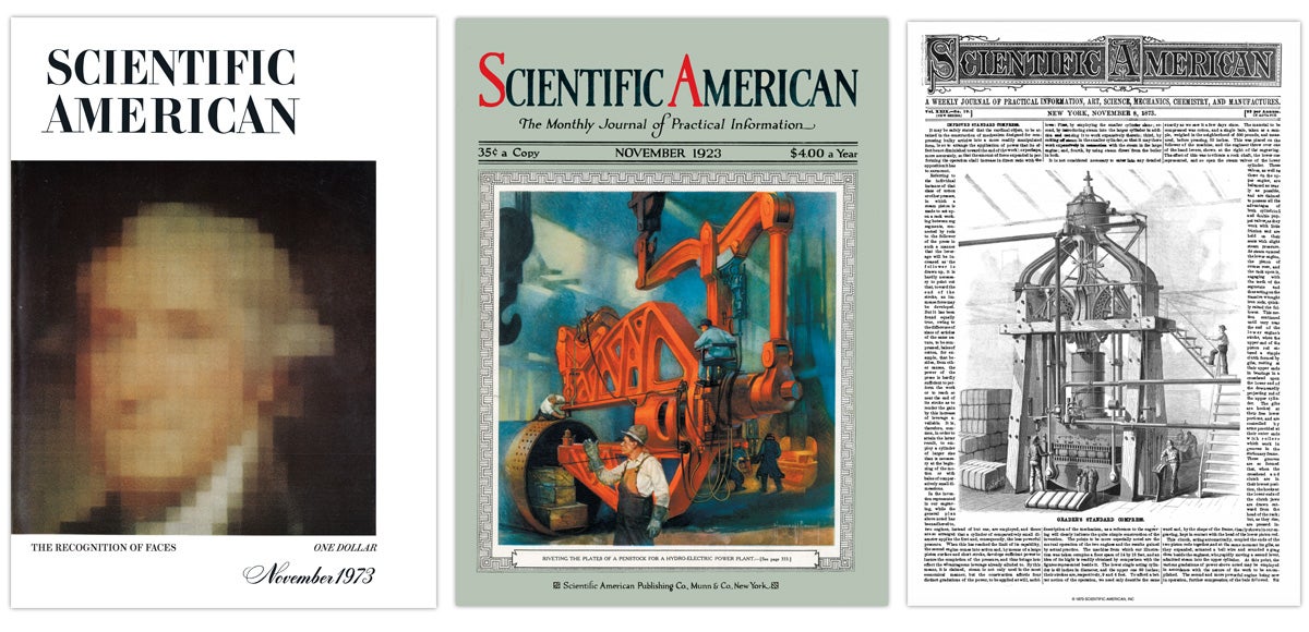 Covers of Scientific American from November 1973, 1923 and 1873.