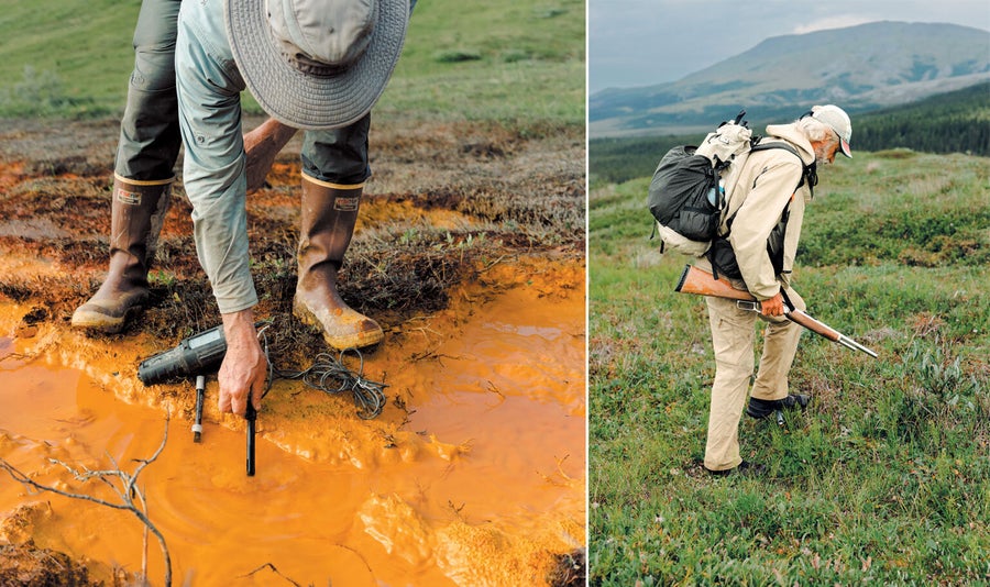 A man bent over testing rust stained water; A man pushing a probe into the ground with his foot.