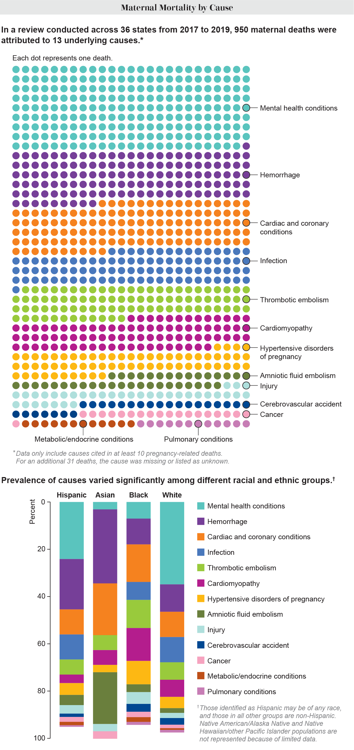 Graphic highlights 13 underlying causes for 950 maternal deaths that occurred from 2017 to 2019, based on a review conducted across 36 states, with dots representing each death and colored according to cause. Stacked bar chart shows breakdown of underlying causes among four racial or ethnic groups.