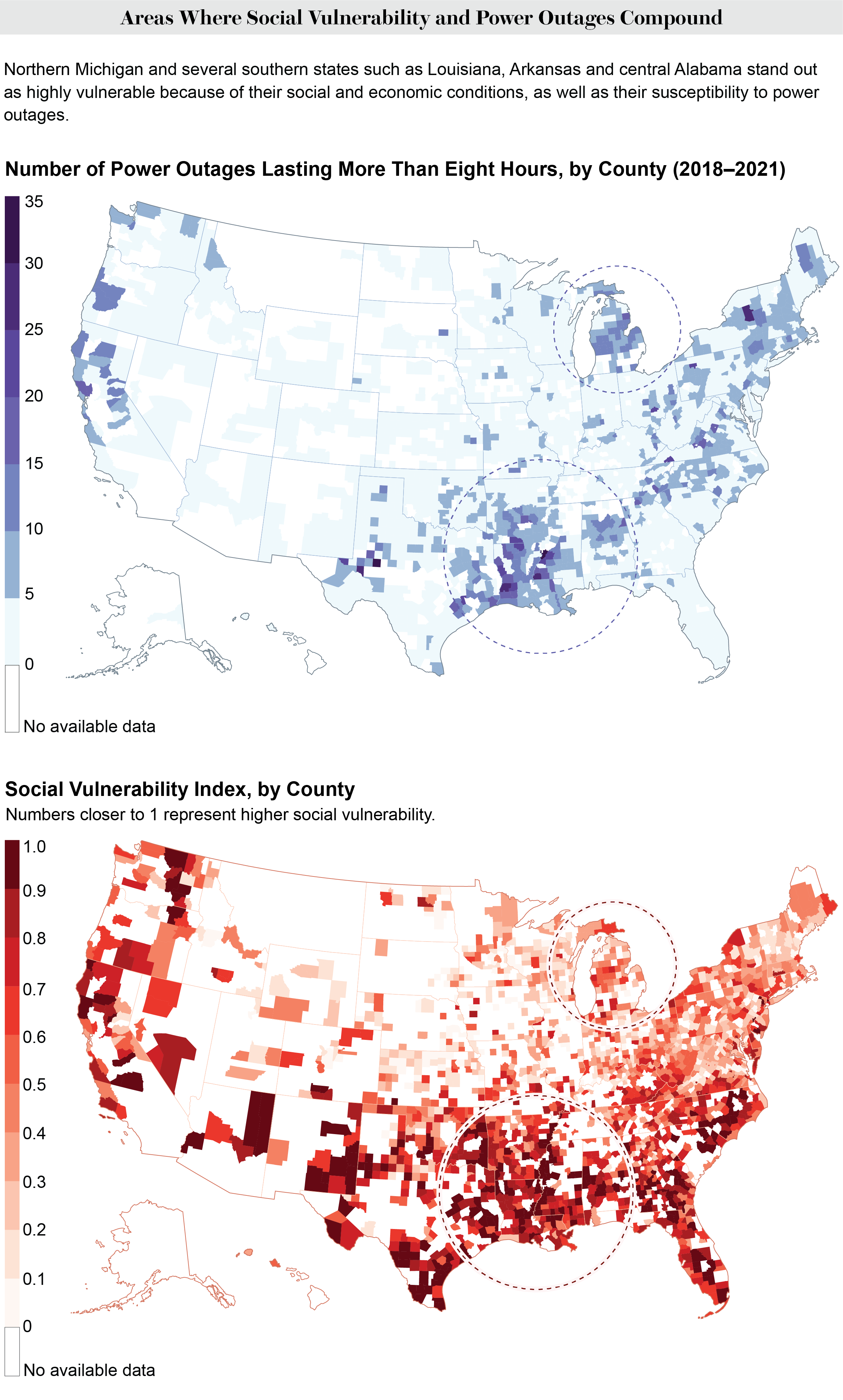 Two county maps each show the number of power outages lasting at least eight hours and the Center for Disease Control and Prevention’s Social Vulnerability Index.