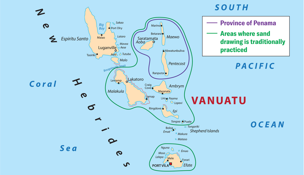Map circles the islands within Vanuatu’s Province of Penama and the areas where sand drawing is traditionally practiced