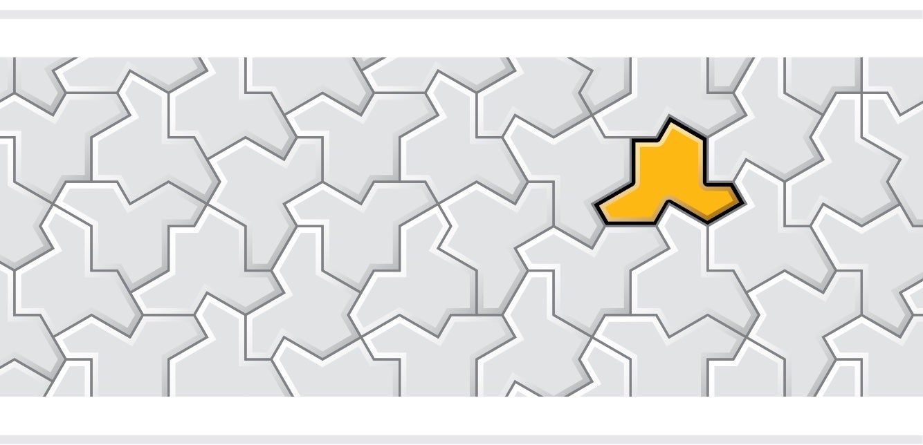 An einstein tile pattern, with one of the hat-shaped tiles highlighted in color.