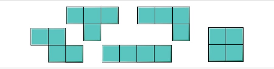 Five examples of how four squares can form a unit.
