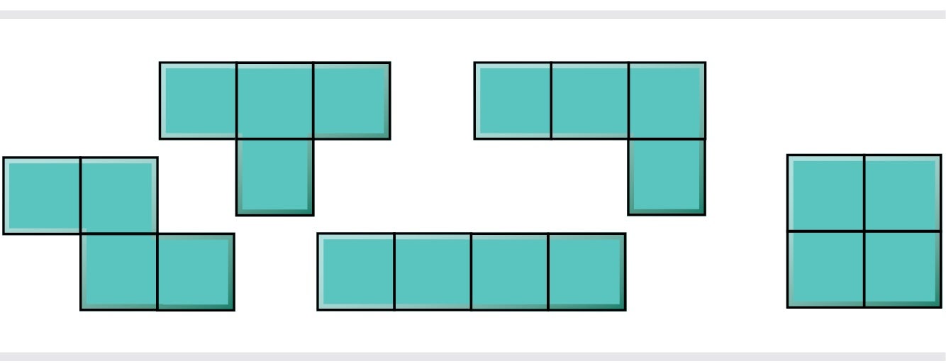 Five examples of how four squares can form a unit.