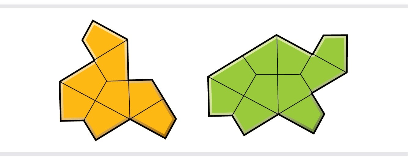 Hat tile composed of eight kite shapes next to a turtle-shaped tile made up of 10 kite shapes.