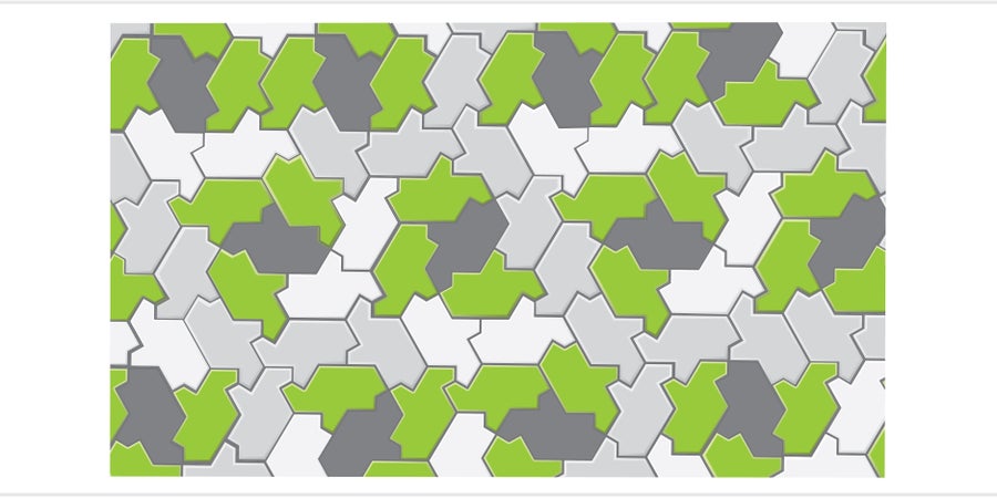 Turtle tile pattern exploration, with reflected tiles in dark gray, some tiles surrounding those dark gray tiles in green, and others in white and light gray.