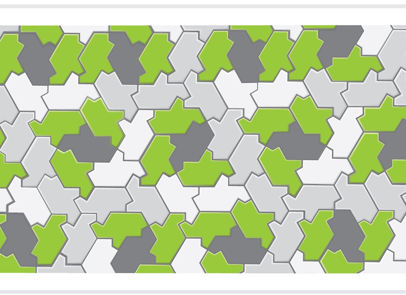 Turtle tile pattern exploration, with reflected tiles in dark gray, some tiles surrounding those dark gray tiles in green, and others in white and light gray.