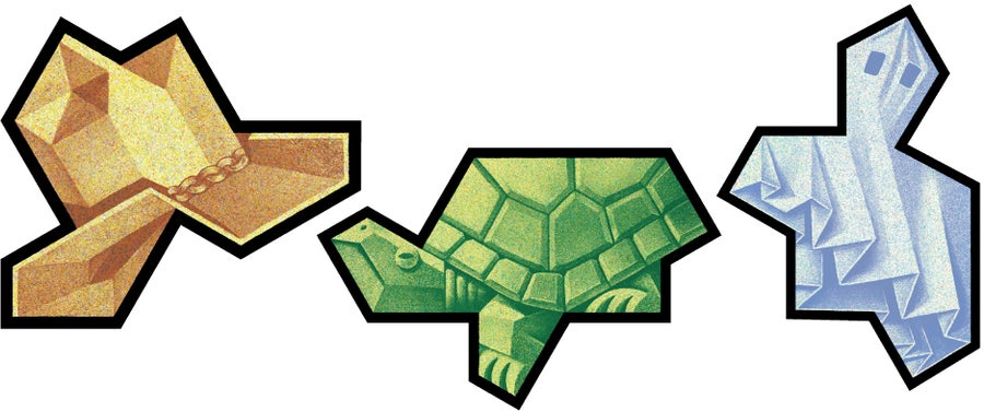 The hat, turtle and Tile(1,1) einstein tiles illustrated in a fanciful manner.