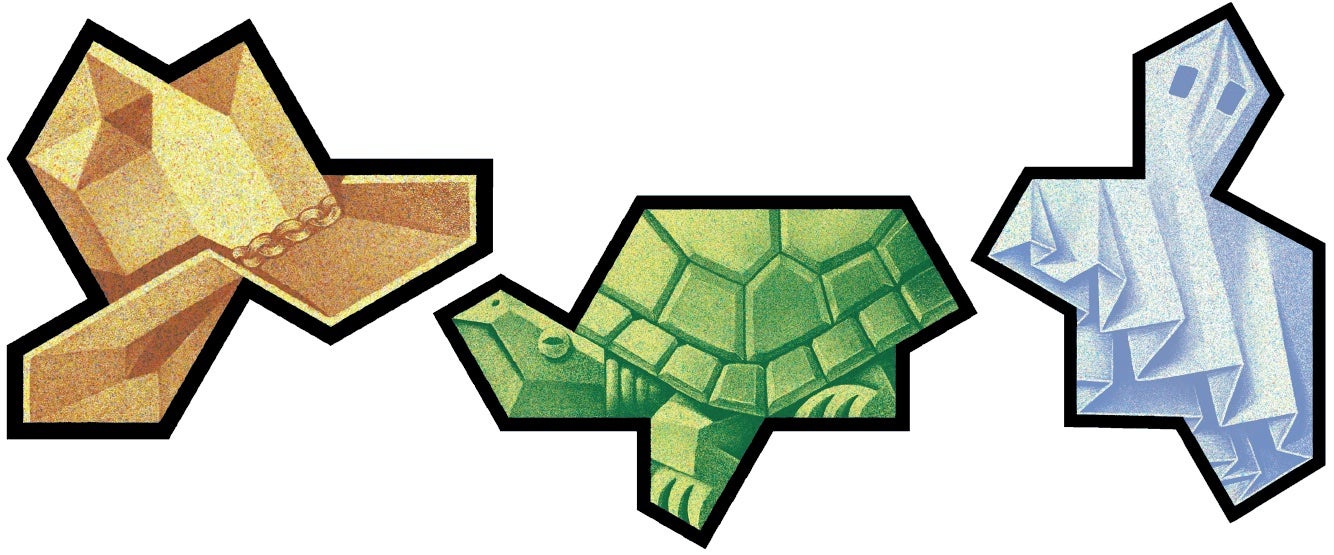The hat, turtle and Tile(1,1) einstein tiles illustrated in a fanciful manner.