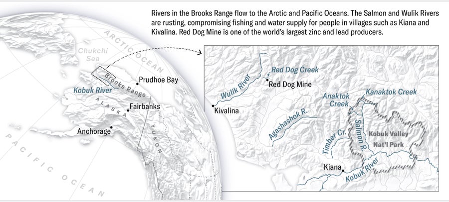 Map shows the part of northwestern Alaska called the Brooks Range and highlights key features such as the Salmon and Wulik Rivers, the villages of Kivalina and Kiana, and Red Dog Mine.