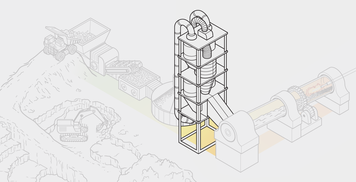 Vignette highlights one step in cement production. Crushed raw material is held in a five-story tower connected to a kiln with a vent.