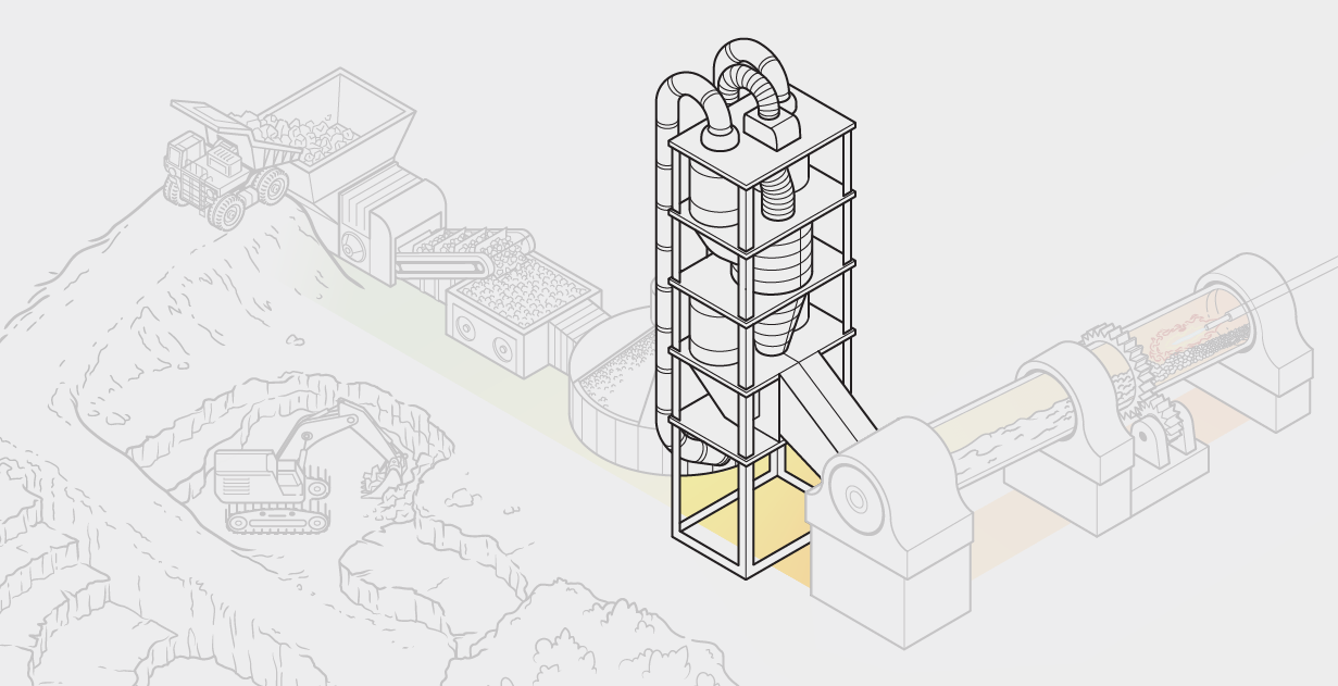 Vignette highlights one step in cement production. Crushed raw material is held in a five-story tower connected to a kiln with a vent. 