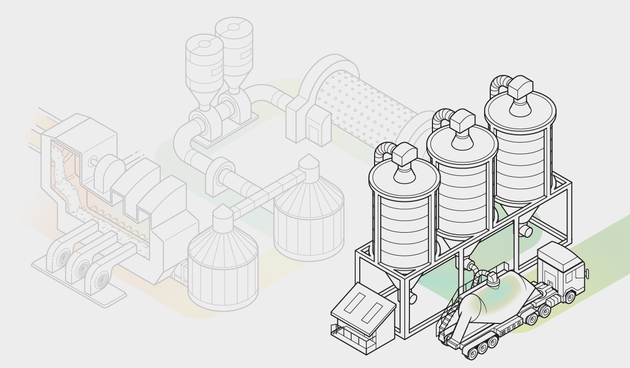 Vignette highlights three storage silos. A truck is hooked up to one, receiving a load of cement powder.