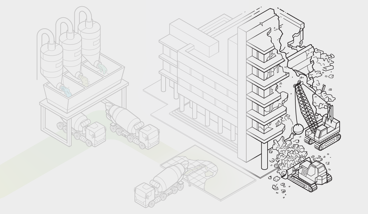 Vignette highlights the demolition of a concrete building.