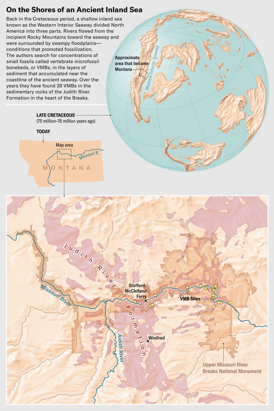 Approximate area that became Montana highlighted on a Late Cretaceous globe. Modern map shows a detailed view of the Judith River Formation and Upper Missouri River Breaks National Monument, along with 28 vertebrate microfossil bonebed sites near the Missouri River. 