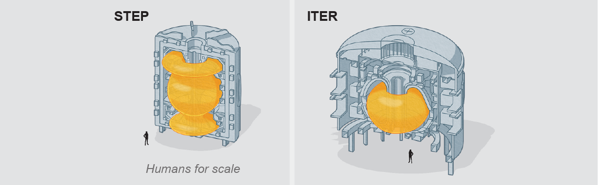 Graphic shows design and scale of STEP and ITER reactors.