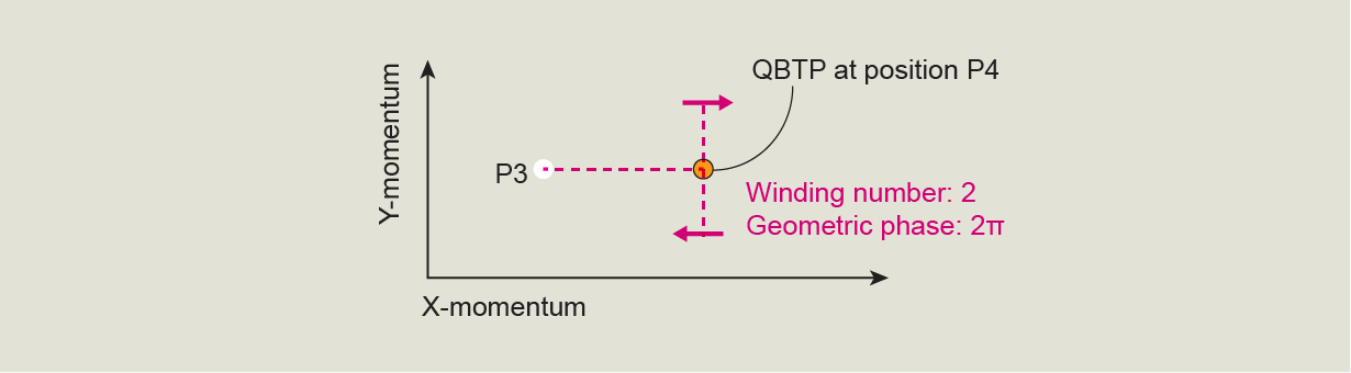On a chart with axes labels X-momentum and Y-momentum, a BEC arrow has shifted onto a QBTP. Two arrows are now visible. One is above the QBTP point, pointing to the right. The other is below, pointing to the left. The BEC is labeled with a winding number of 2 and a geometric phase of 2 pi.