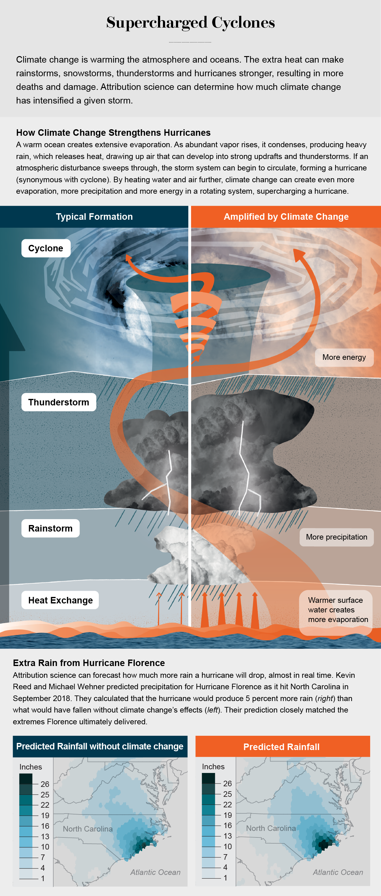 Graphic shows how climate change strengthens hurricanes at each stage of their formation. Maps show predicted rainfall in North Carolina from Hurricane Florence with and without climate change.