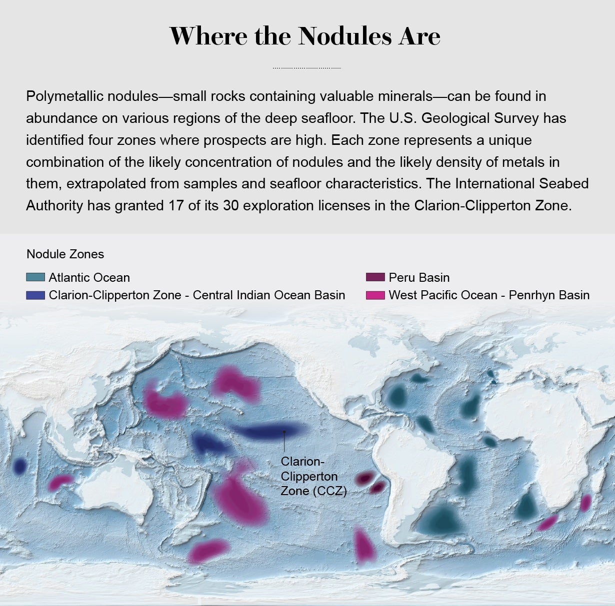 World map highlights areas where polymetallic nodules can likely be found on the seafloor with color coding indicating the Atlantic Ocean, Peru Basin, Clarion-Clipperton, and West Pacific Ocean zones.