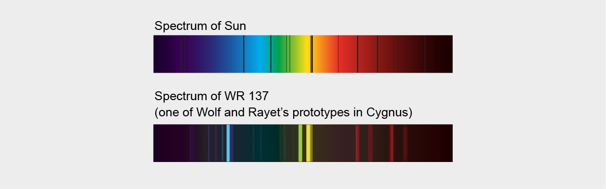 Two spectral gradients. One, labelled “Spectrum of sun,” grades from purple through blue, green, yellow, orange, and red, with a handful of black vertical bars blocking out a bit of color. The other, labelled “Spectrum of WR137,” has the same gradient but is dominated by broader black bars blocking lots of color.